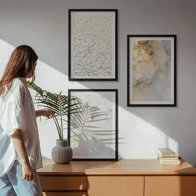 Three-piece abstract marble leaf wall art with leaf patterns