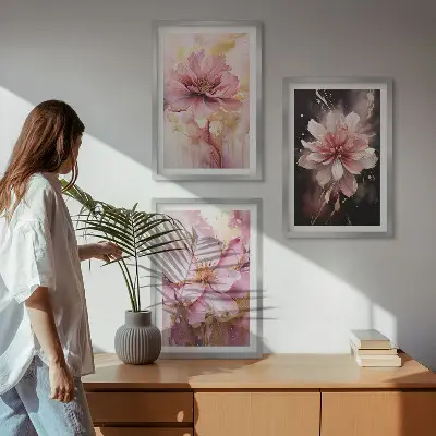Three-piece floral wall art set with white roses