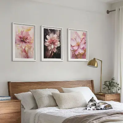 Three-piece floral wall art set with white roses