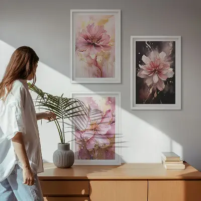 Three-piece floral wall art set with white roses