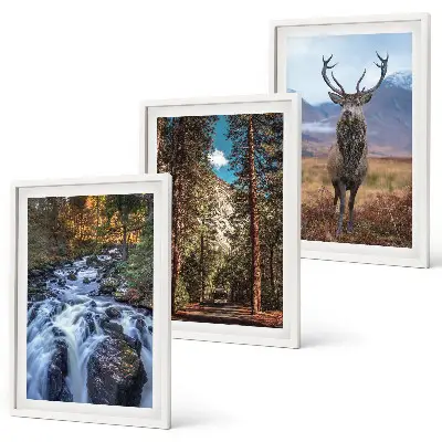 Three-piece waterfall, forest, and mountain deer wall art nature themed landscape print