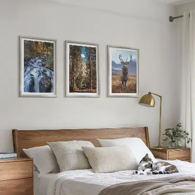Three-piece waterfall, forest, and mountain deer wall art nature themed landscape print