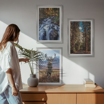 Three-piece wall art piece Waterfall forest mountains deer nature