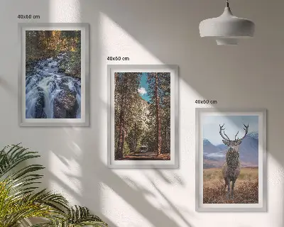 Three-piece waterfall, forest, and mountain deer wall art nature themed landscape print