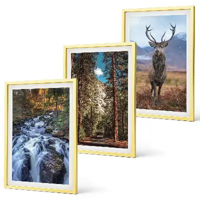 Three-piece waterfall, forest, and mountain deer wall art nature themed landscape print