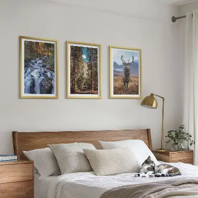 Three-piece waterfall, forest, and mountain deer wall art nature themed landscape print