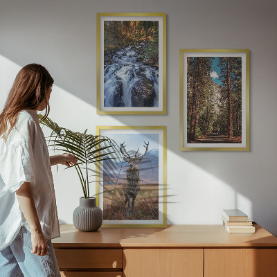 Three-piece wall art piece Waterfall forest mountains deer nature