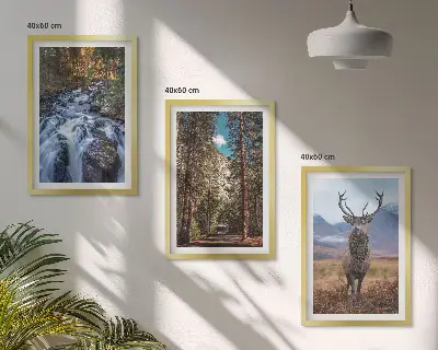 Three-piece waterfall, forest, and mountain deer wall art nature themed landscape print