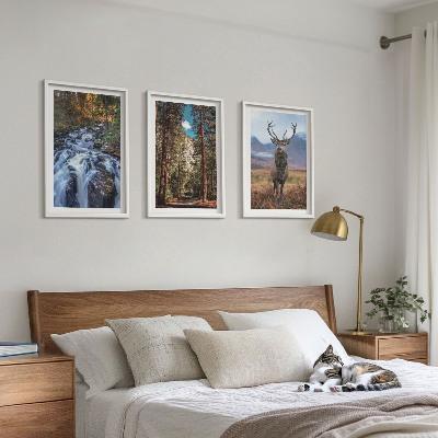 Three-piece wall art piece Waterfall forest mountains deer nature