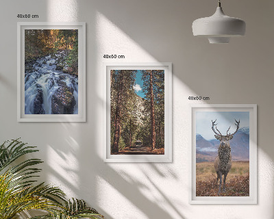 Three-piece wall art piece Waterfall forest mountains deer nature