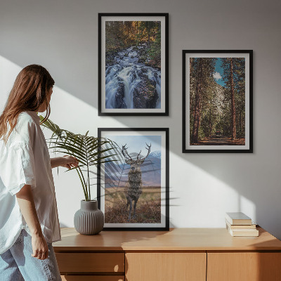 Three-piece wall art piece Waterfall forest mountains deer nature