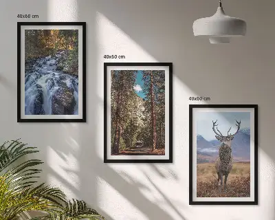 Three-piece waterfall, forest, and mountain deer wall art nature themed landscape print
