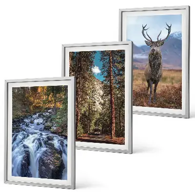 Three-piece waterfall, forest, and mountain deer wall art nature themed landscape print