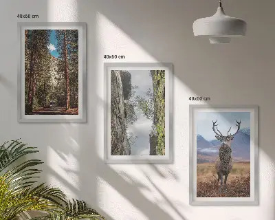 Set of 3 framed wall art pieces featuring a road through a forest with mountains and deer