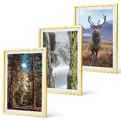 Set of 3 framed wall art pieces featuring a road through a forest with mountains and deer