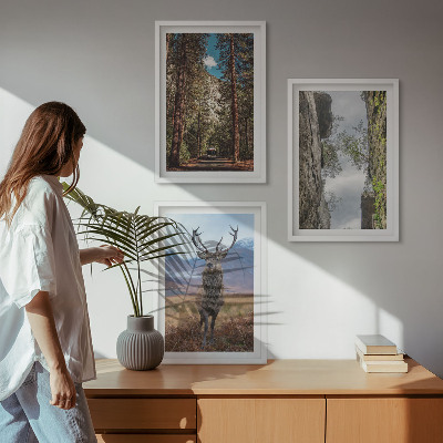 Set of 3 framed wall art pieces Road forest mountains deer nature