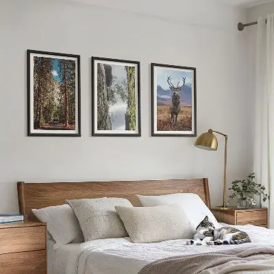 Set of 3 framed wall art pieces featuring a road through a forest with mountains and deer