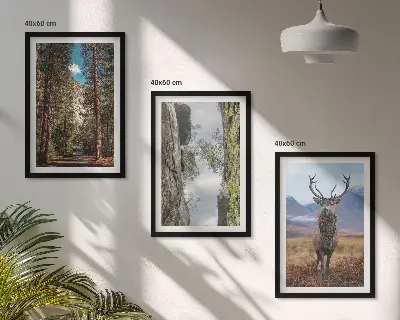 Set of 3 framed wall art pieces featuring a road through a forest with mountains and deer