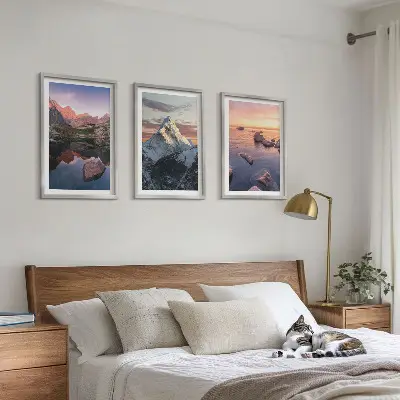 Three-piece wall art set with mountain landscapes in the background