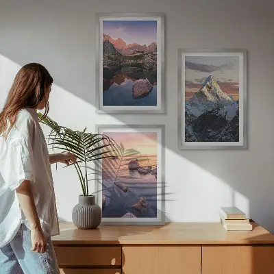 Three-piece wall art set with mountain landscapes in the background