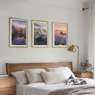 Three-piece wall art set with mountain landscapes in the background