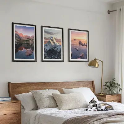 Three-piece wall art set with mountain landscapes in the background