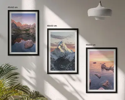 Three-piece wall art set with mountain landscapes in the background