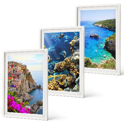 Set of 3 framed wall art pieces Seaside views, colorful houses