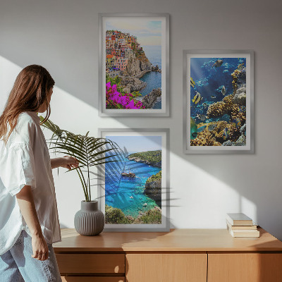 Set of 3 framed wall art pieces Seaside views, colorful houses