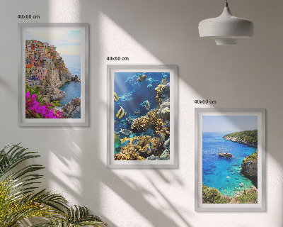 Set of 3 framed wall art pieces Seaside views, colorful houses