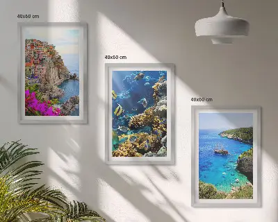 Set of 3 framed wall art pieces seaside views with colorful houses