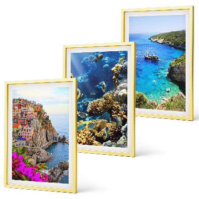 Set of 3 framed wall art pieces Seaside views, colorful houses