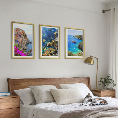 Set of 3 framed wall art pieces Seaside views, colorful houses