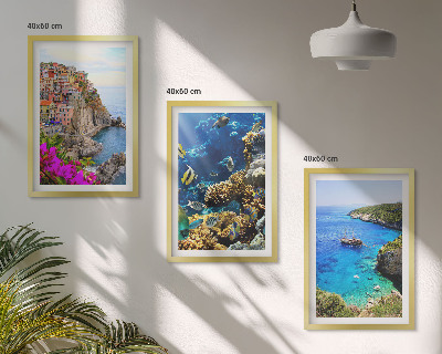 Set of 3 framed wall art pieces Seaside views, colorful houses
