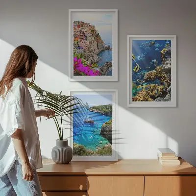 Set of 3 framed wall art pieces seaside views with colorful houses