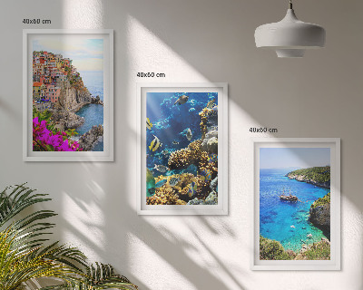 Set of 3 framed wall art pieces Seaside views, colorful houses