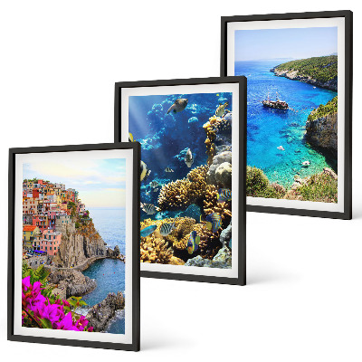 Set of 3 framed wall art pieces Seaside views, colorful houses