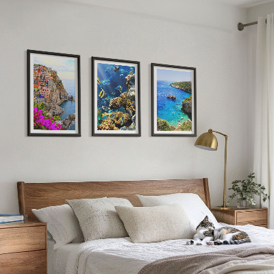 Set of 3 framed wall art pieces Seaside views, colorful houses