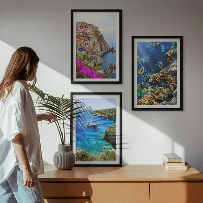Set of 3 framed wall art pieces seaside views with colorful houses