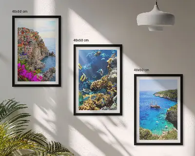Set of 3 framed wall art pieces seaside views with colorful houses