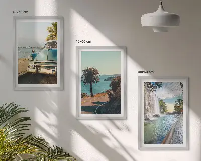 Three-piece wall art set holiday palm trees and waterfall scene