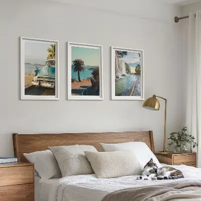 Three-piece wall art set holiday palm trees and waterfall scene