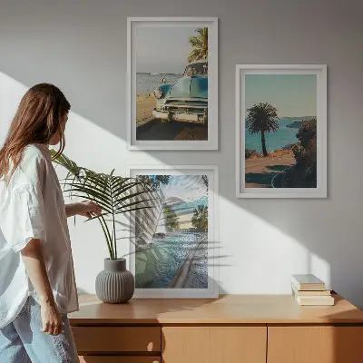 Three-piece wall art set holiday palm trees and waterfall scene
