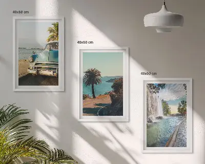 Three-piece wall art set holiday palm trees and waterfall scene