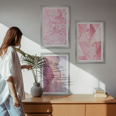 Three-piece wall art piece Pink Geometric Peonies