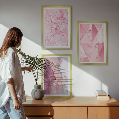 Three-piece wall art piece Pink Geometric Peonies