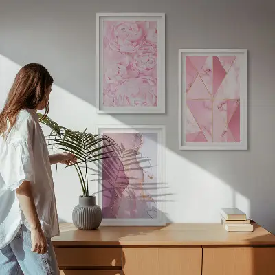 Pink Geometric Peonies wall art three-piece set