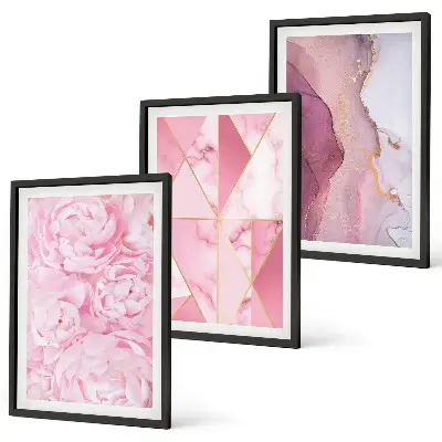 Pink Geometric Peonies wall art three-piece set