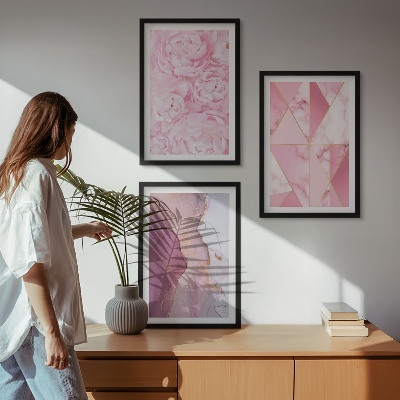 Three-piece wall art piece Pink Geometric Peonies