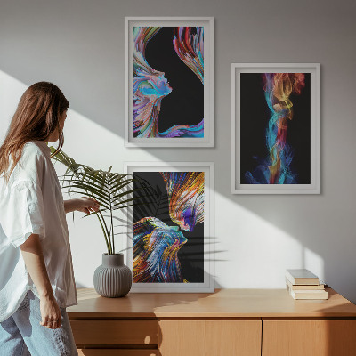 Set of 3 framed wall art pieces Colorful abstract faces